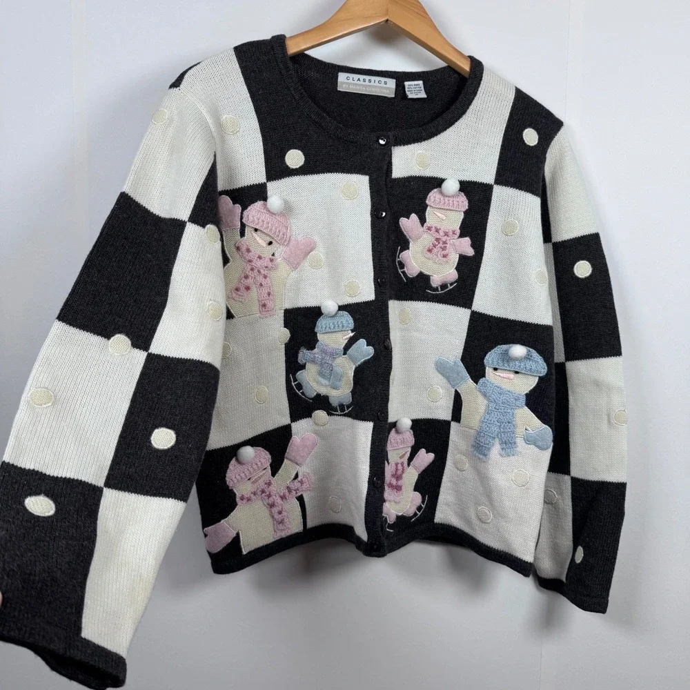 VTG Marisa Christina Cardigan M Patch Snowman Winter Holiday Ugly Sweater Retro